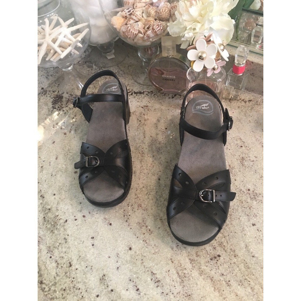 Dansko Black Leather Strappy Mary Jane Wedge Sandals 42 US 11-11.5 Cutout NEW